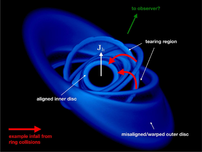 Chaotic accretion. Black hole spin axis is along Jh but tilted out of the screen, toward you.